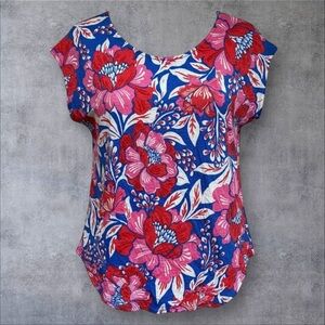 Sigrid Olsen‎ 100% Linen Sleeveless Top Medium Blue Pink Red Print